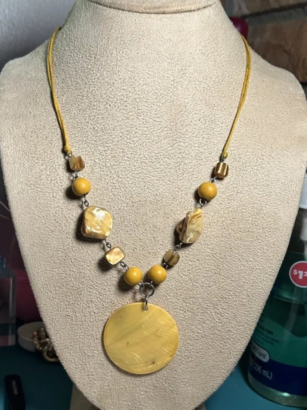 Boho Mustard Yellow Shell Disc & Beaded Pendant Cord Necklace